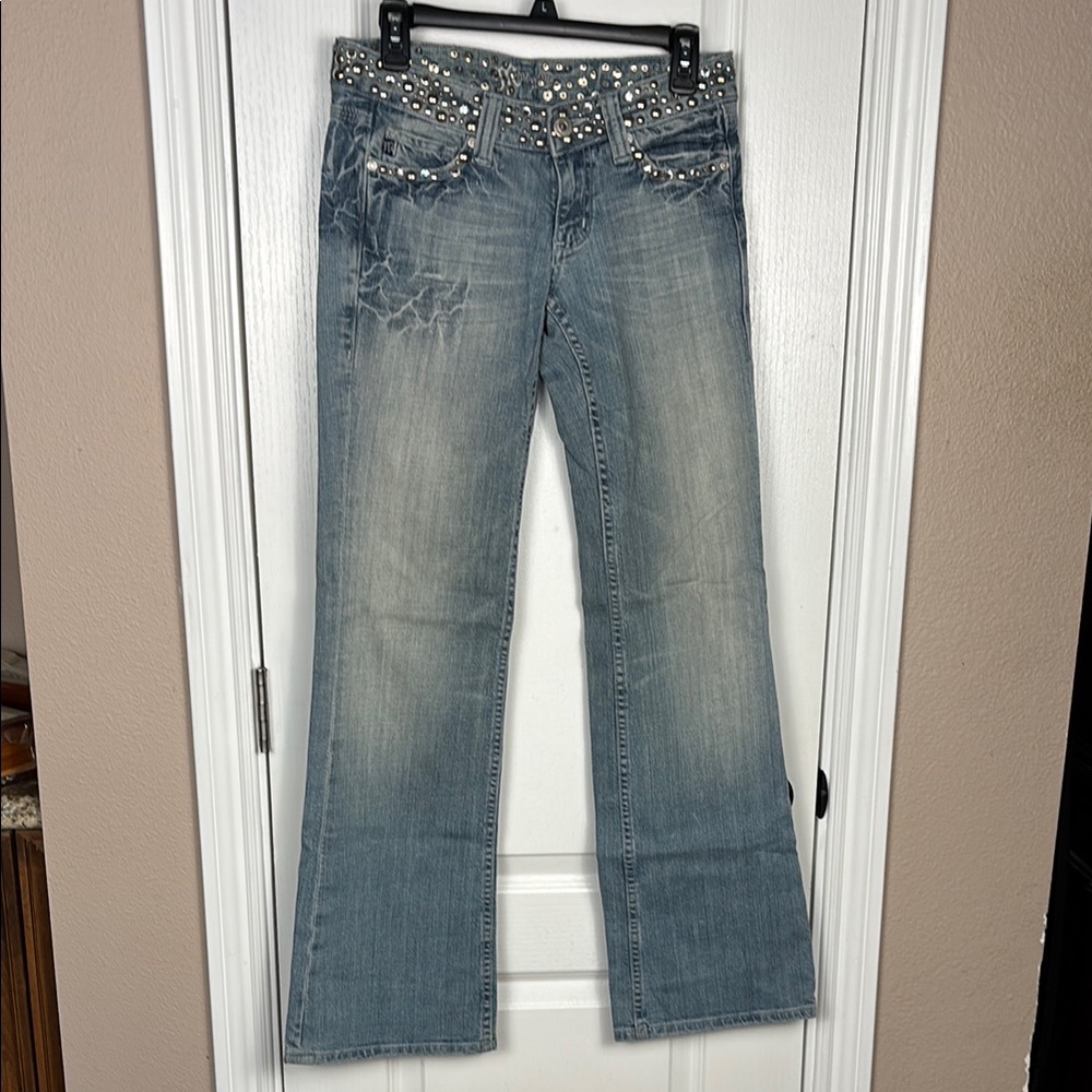 Miss Me Women's Blue Embellished Studded Low Rise Boot Cut Jeans Size 27x32